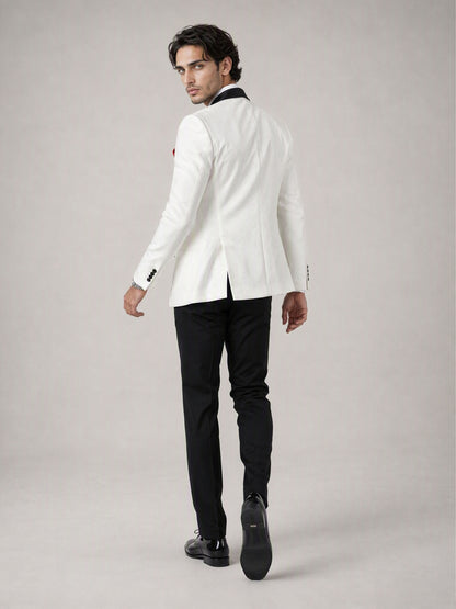 Savile GA0137 ivory jacquard tuxedo suit - rear three-quarter walking view showing back construction and trouser cut