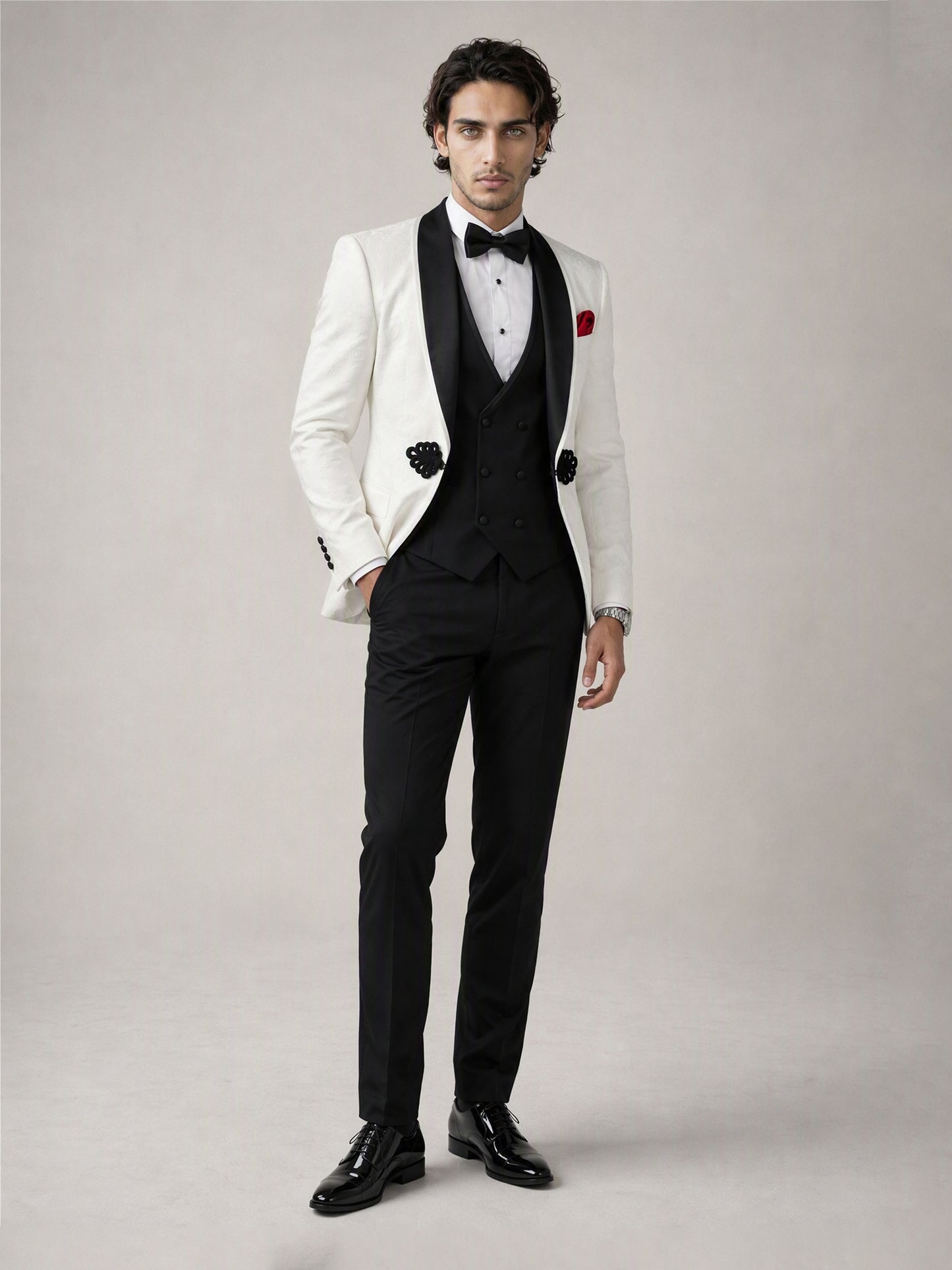 Savile GA0137 ivory tuxedo suit set - full-length front view showing complete ivory-and-black 4-piece ensemble with patent Oxford shoes