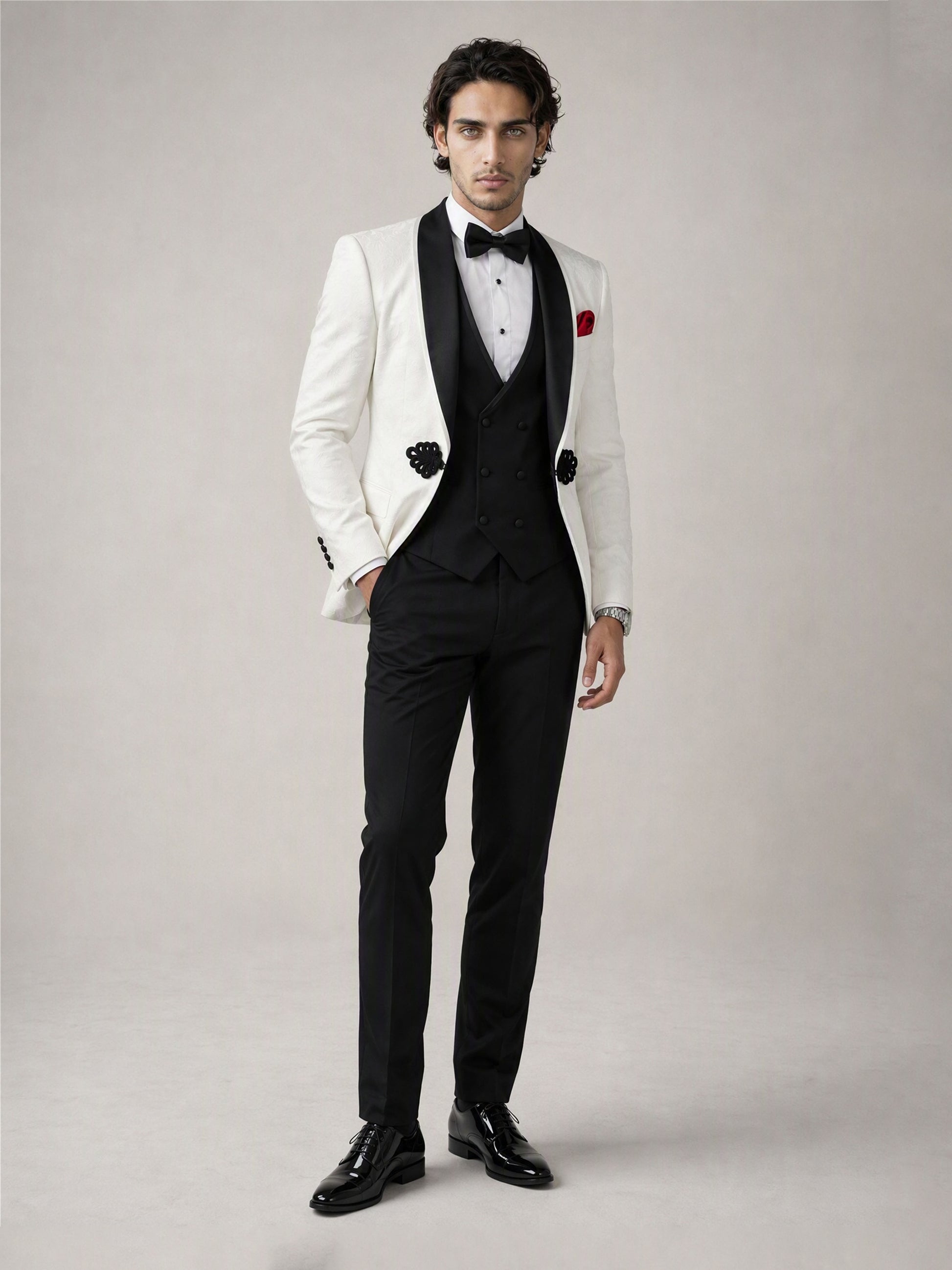 Savile GA0137 ivory tuxedo suit set - full-length front view showing complete ivory-and-black 4-piece ensemble with patent Oxford shoes