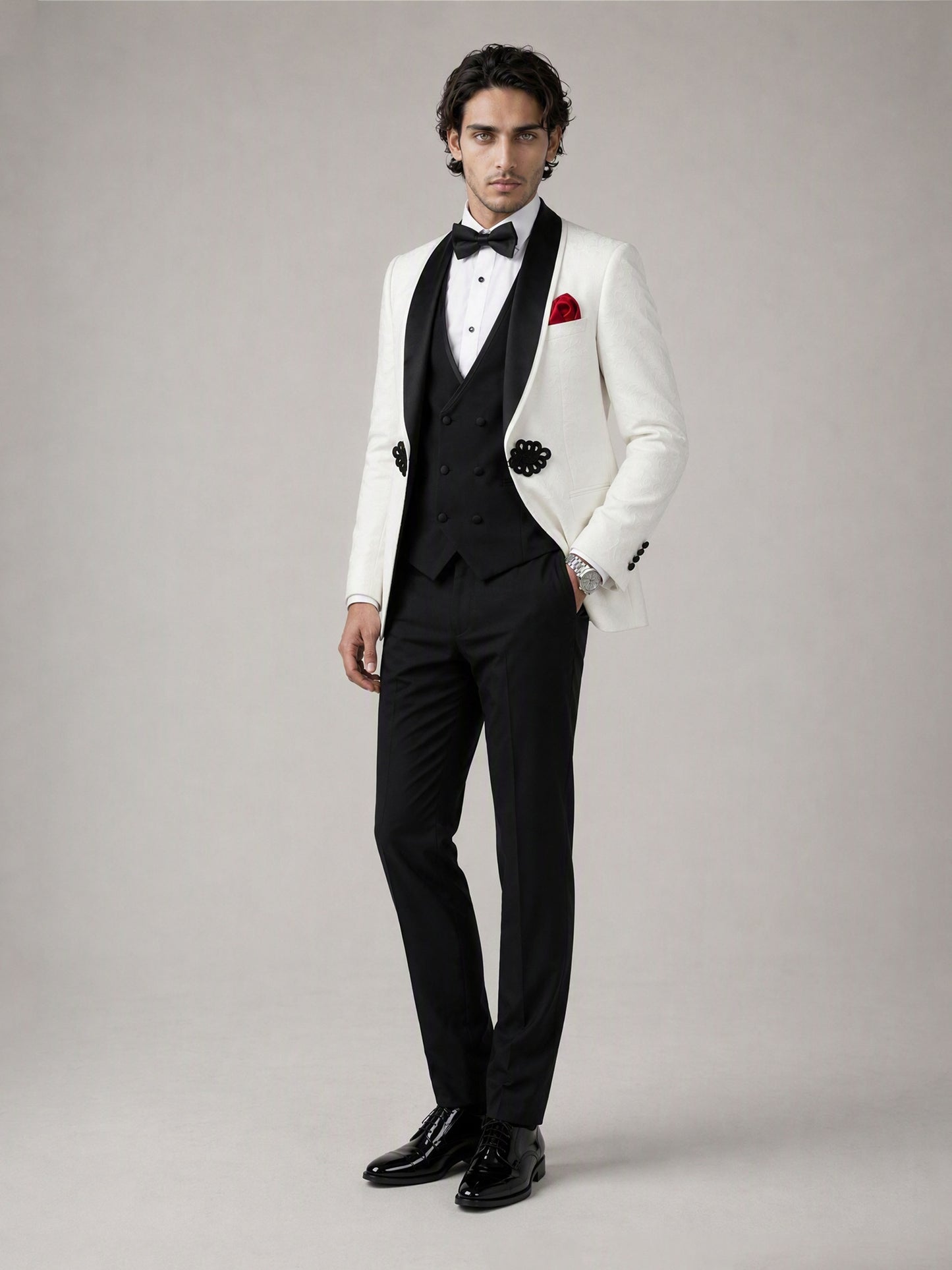 Savile GA0137 ivory tuxedo suit set - full front view showing complete 4-piece silhouette with bow tie and red pocket square