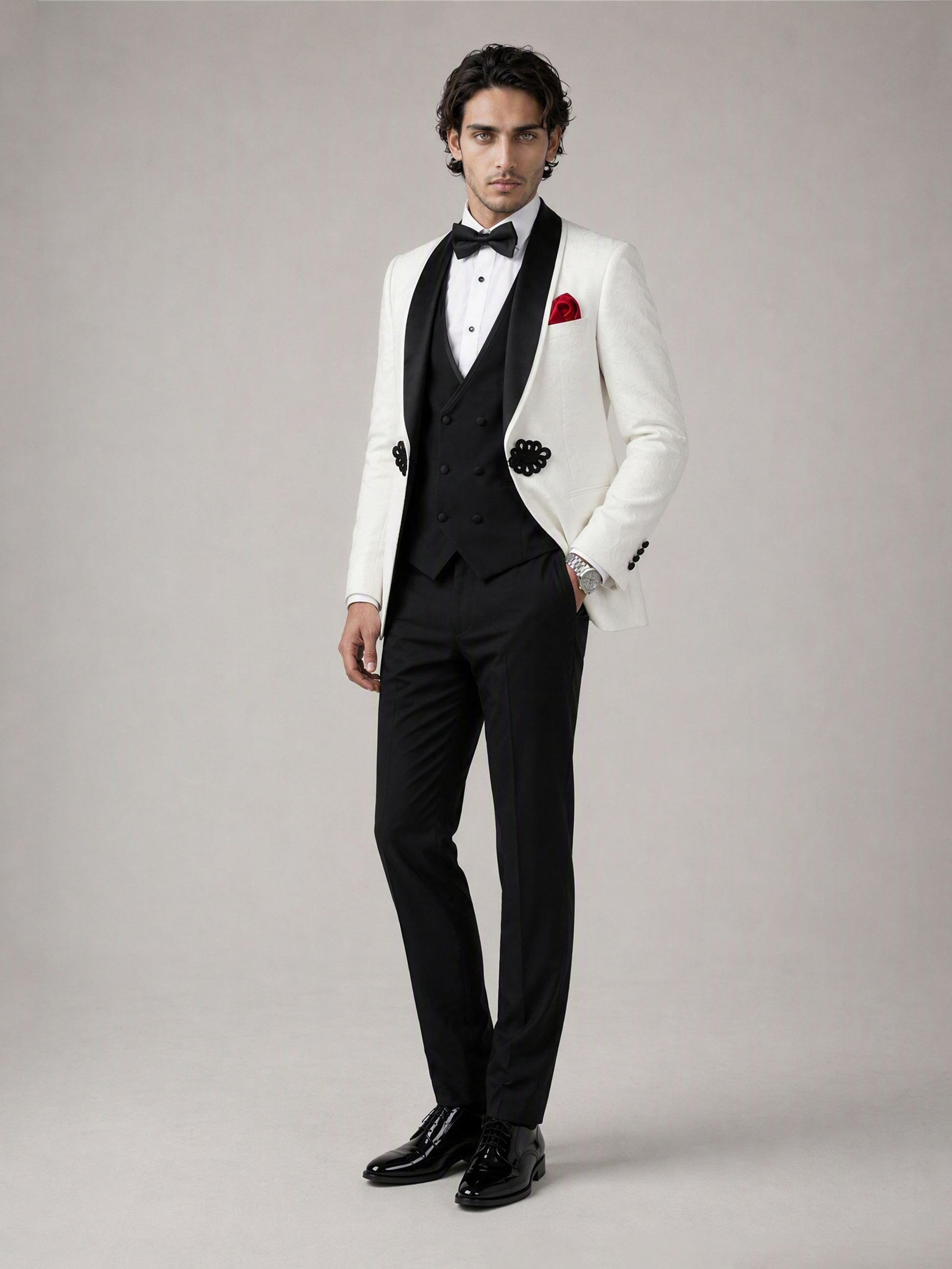 Savile GA0137 ivory tuxedo suit set - full front view showing complete 4-piece silhouette with bow tie and red pocket square