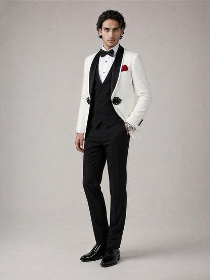 Savile GA0137 ivory tuxedo suit set - full front view showing complete 3-piece silhouette with bow tie and red pocket square