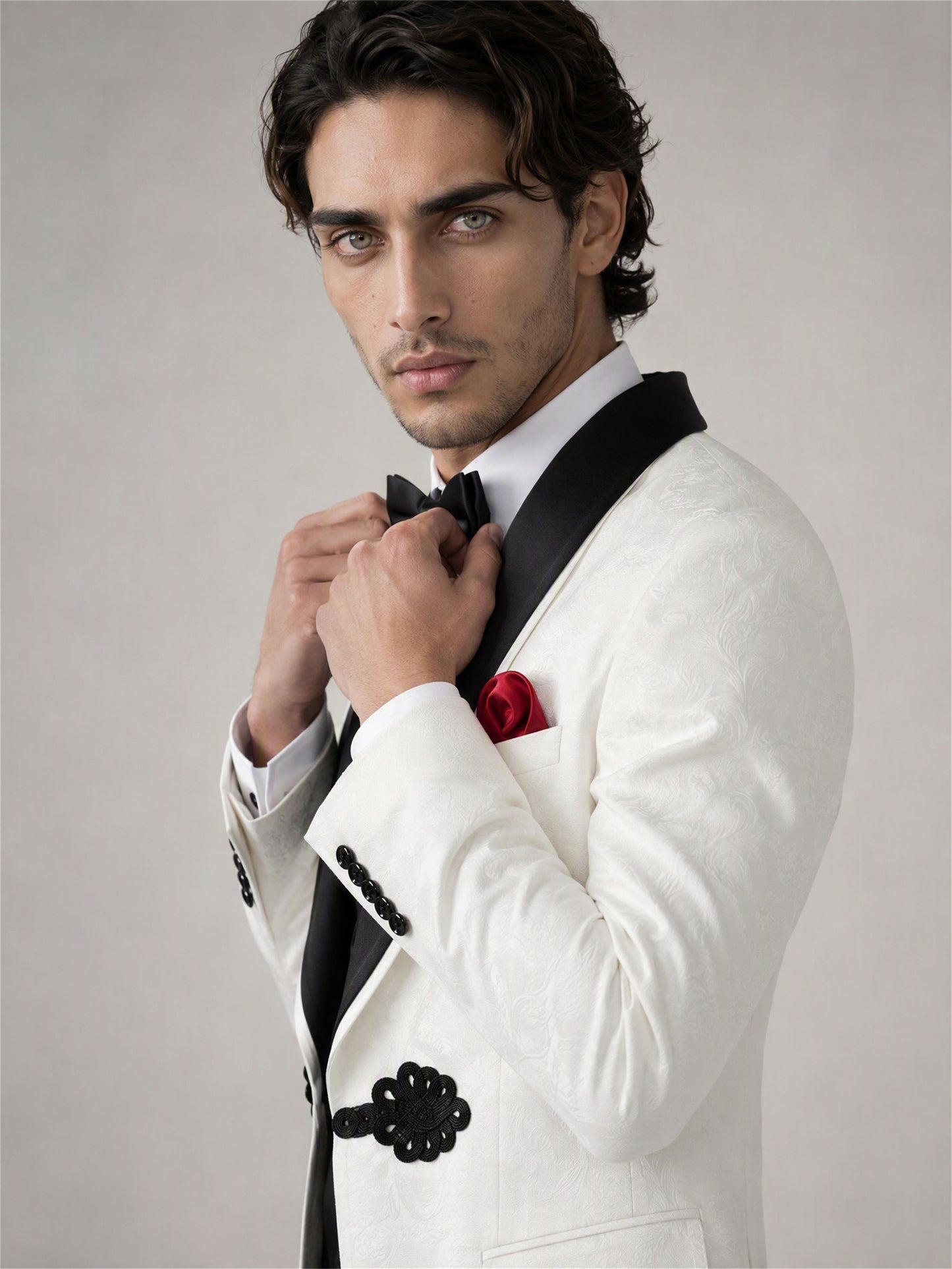 Savile GA0137 ivory jacquard tuxedo suit - relaxed full-length front view showing vest layering and slim trouser fit