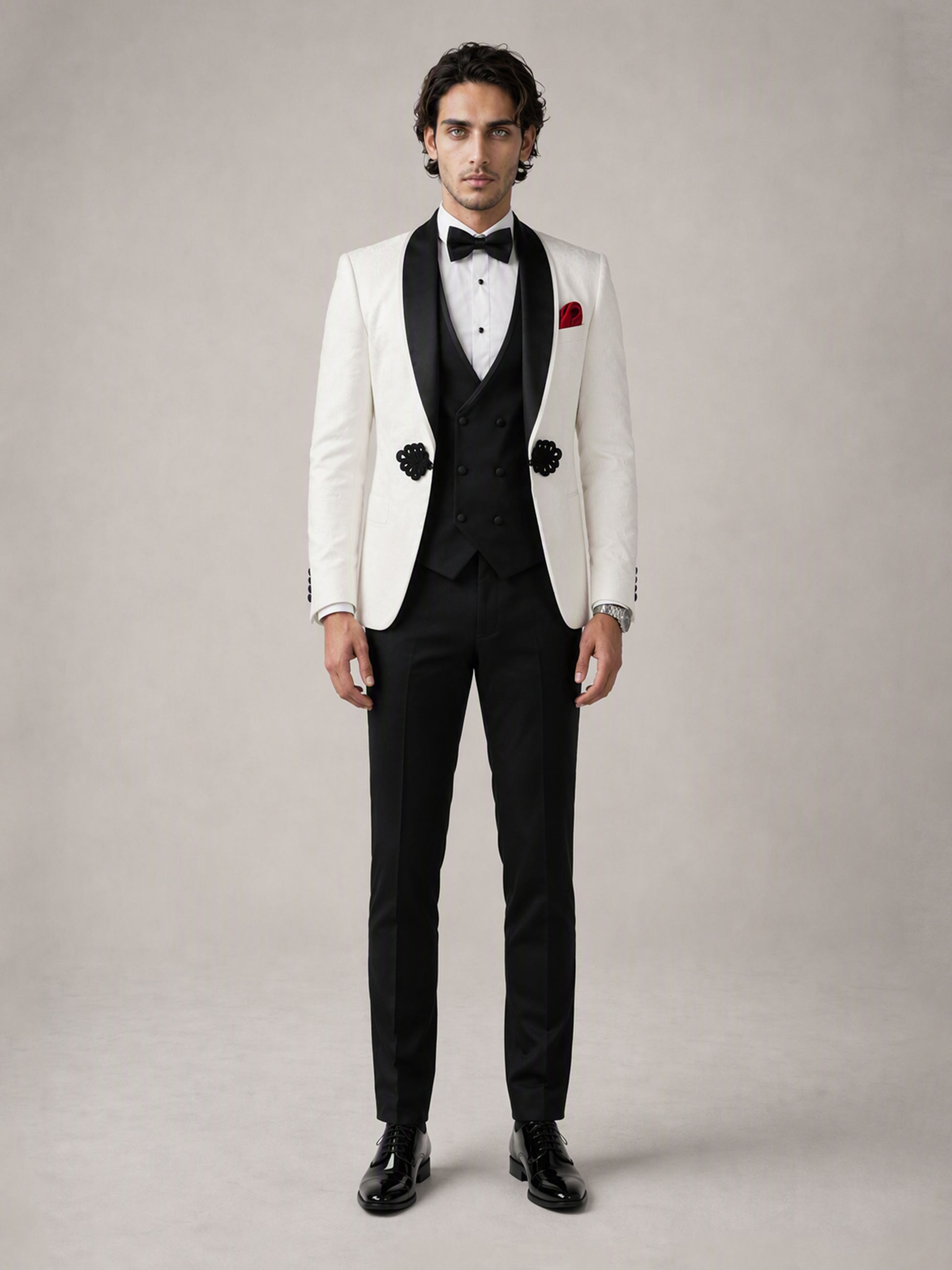 Savile GA0137 ivory tuxedo suit - three-quarter front view showing black velvet shawl lapel and sequin appliqué detail with patent Oxford shoes