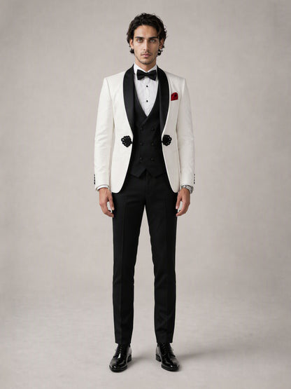 Savile GA0137 ivory tuxedo suit - three-quarter front view showing black velvet shawl lapel and sequin appliqué detail with patent Oxford shoes