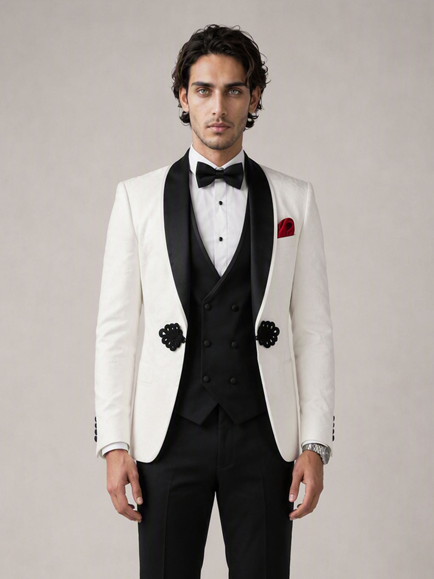 Savile GA0137 ivory jacquard tuxedo suit - upper body close-up showing black velvet shawl lapel, sequin floral appliqué and red pocket square detail