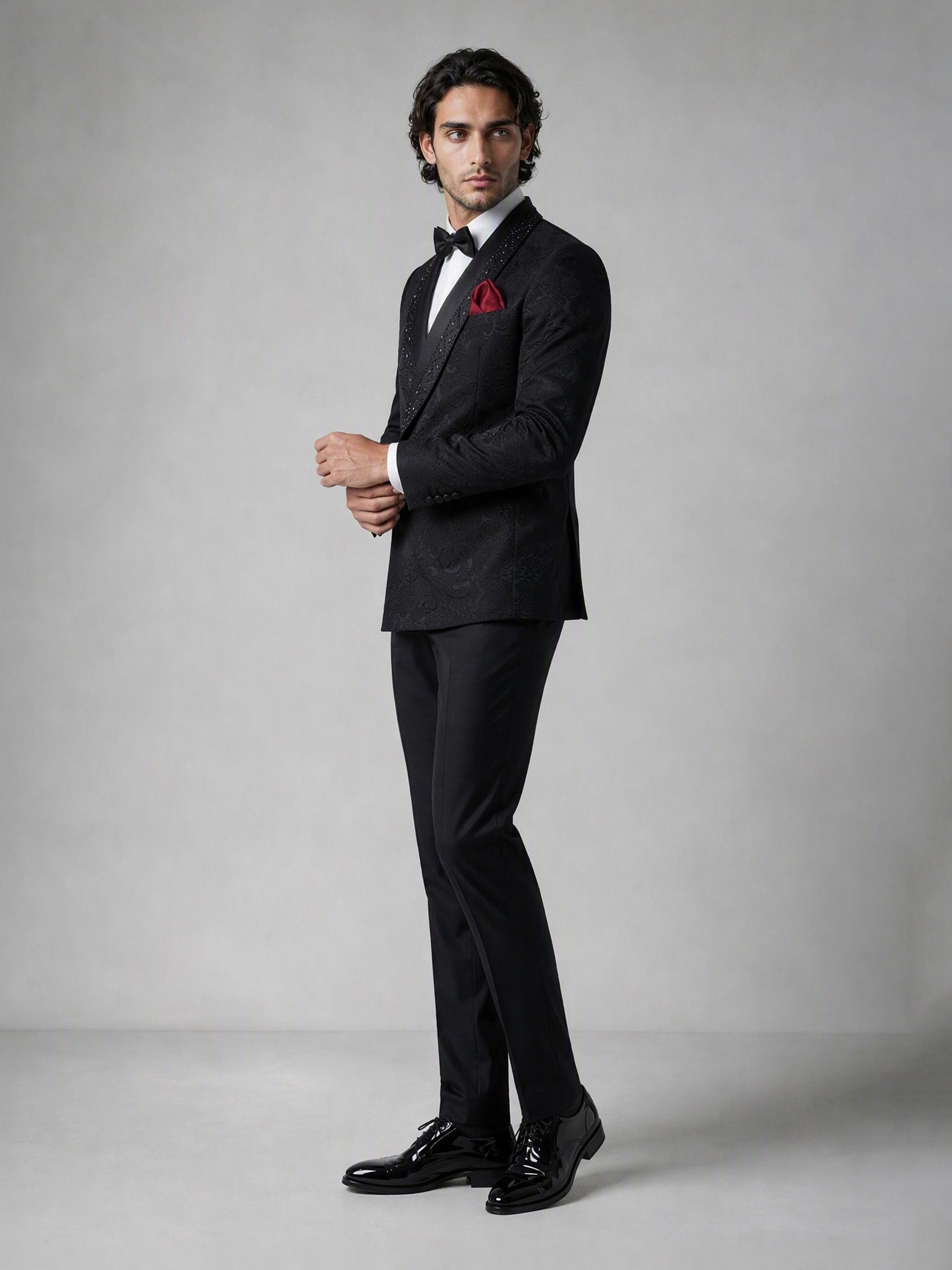 Savile GA0138 black tuxedo suit - side three-quarter view showing full silhouette, cuff detail and patent Oxford shoes