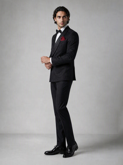 Savile GA0138 black tuxedo suit - side three-quarter view showing full silhouette, cuff detail and patent Oxford shoes