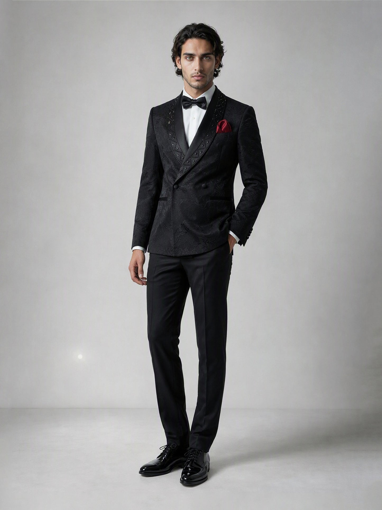 Savile GA0138 black jacquard tuxedo suit - three-quarter front view showing crystal stud detail on satin shawl lapel and slim tailored fit