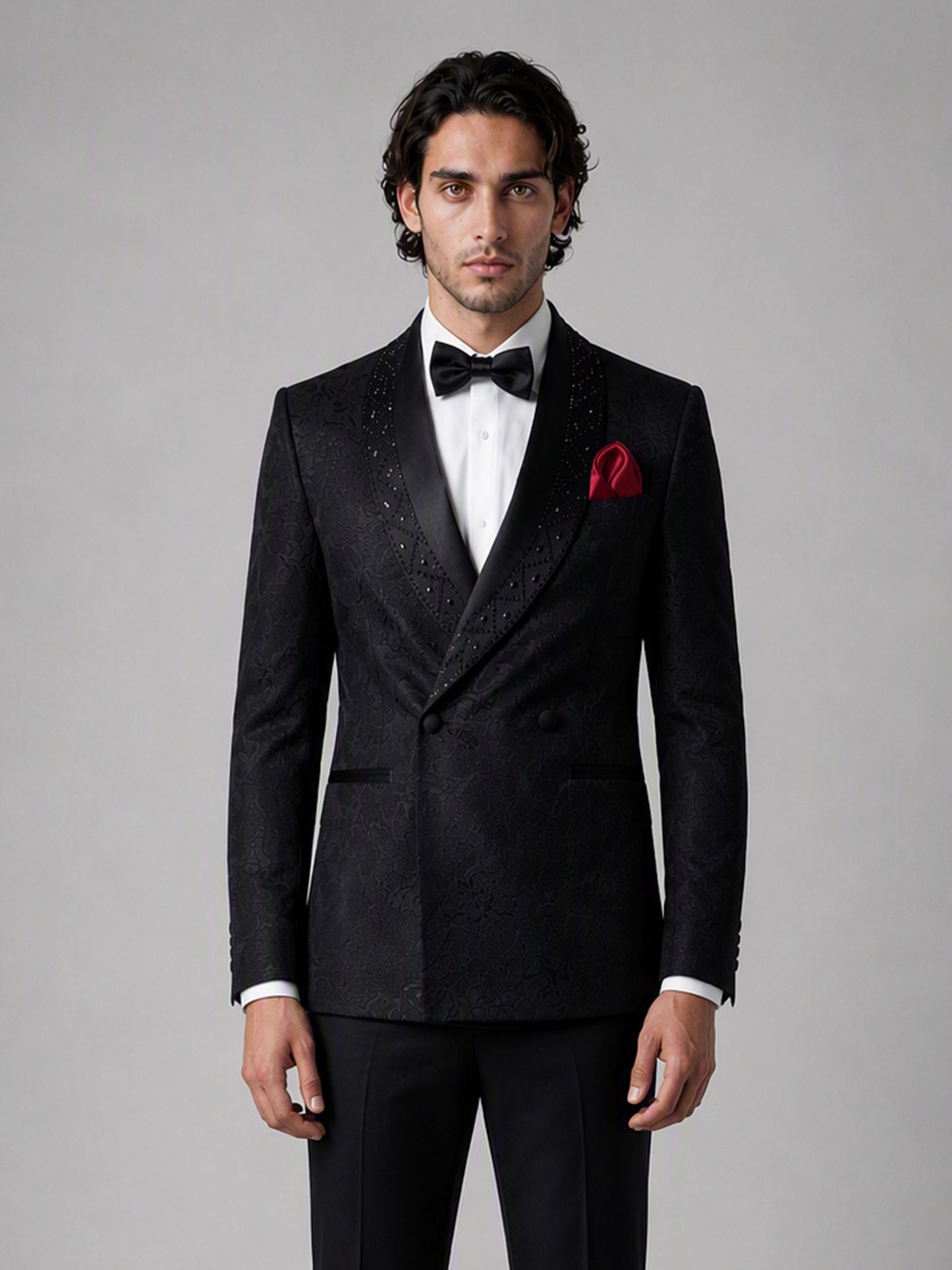 Savile GA0138 black jacquard tuxedo suit - full front view showing double-breasted crystal-studded shawl lapel with bow tie and red pocket square