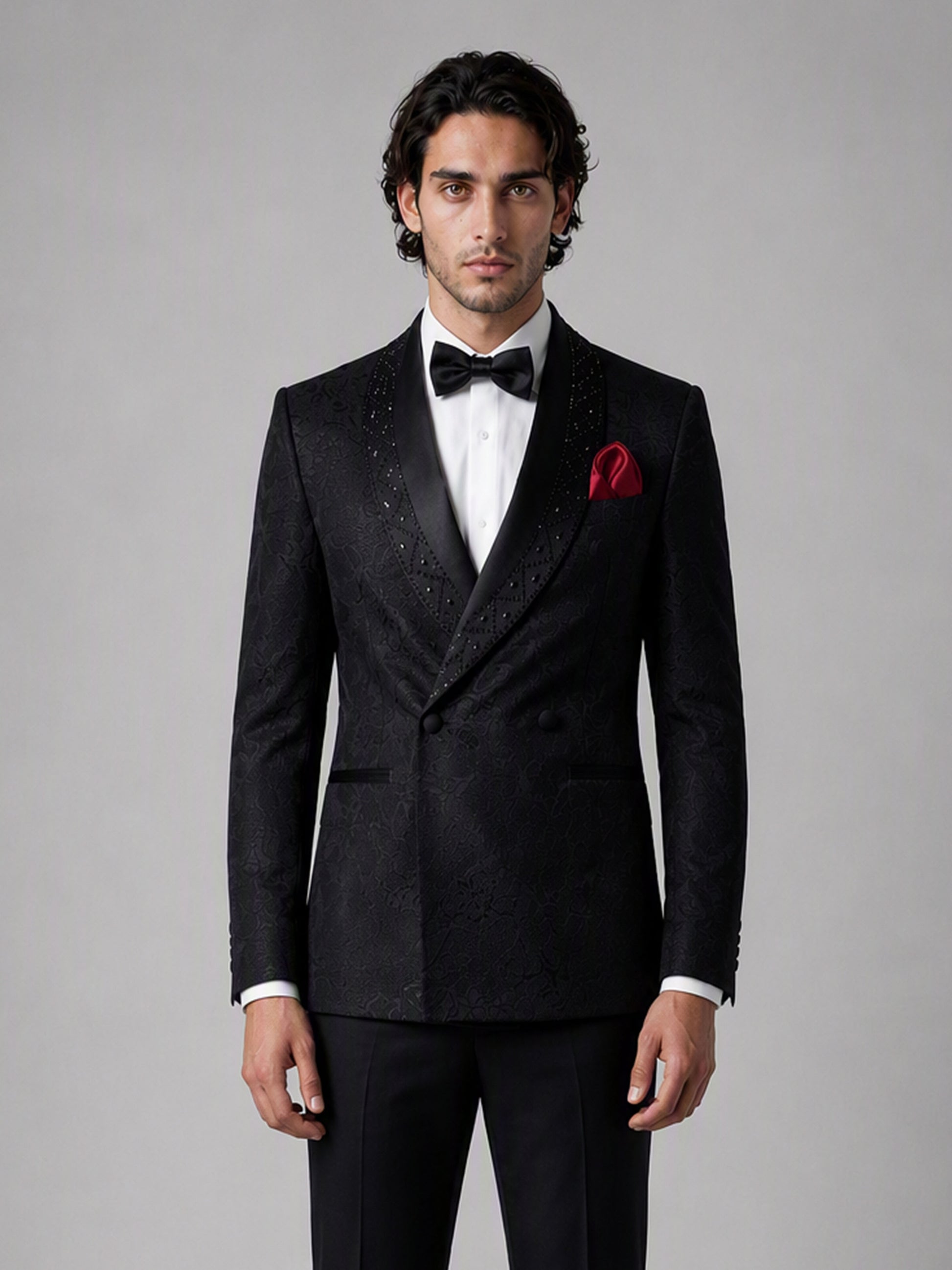 Savile GA0138 black jacquard tuxedo suit - full front view showing double-breasted crystal-studded shawl lapel with bow tie and red pocket square