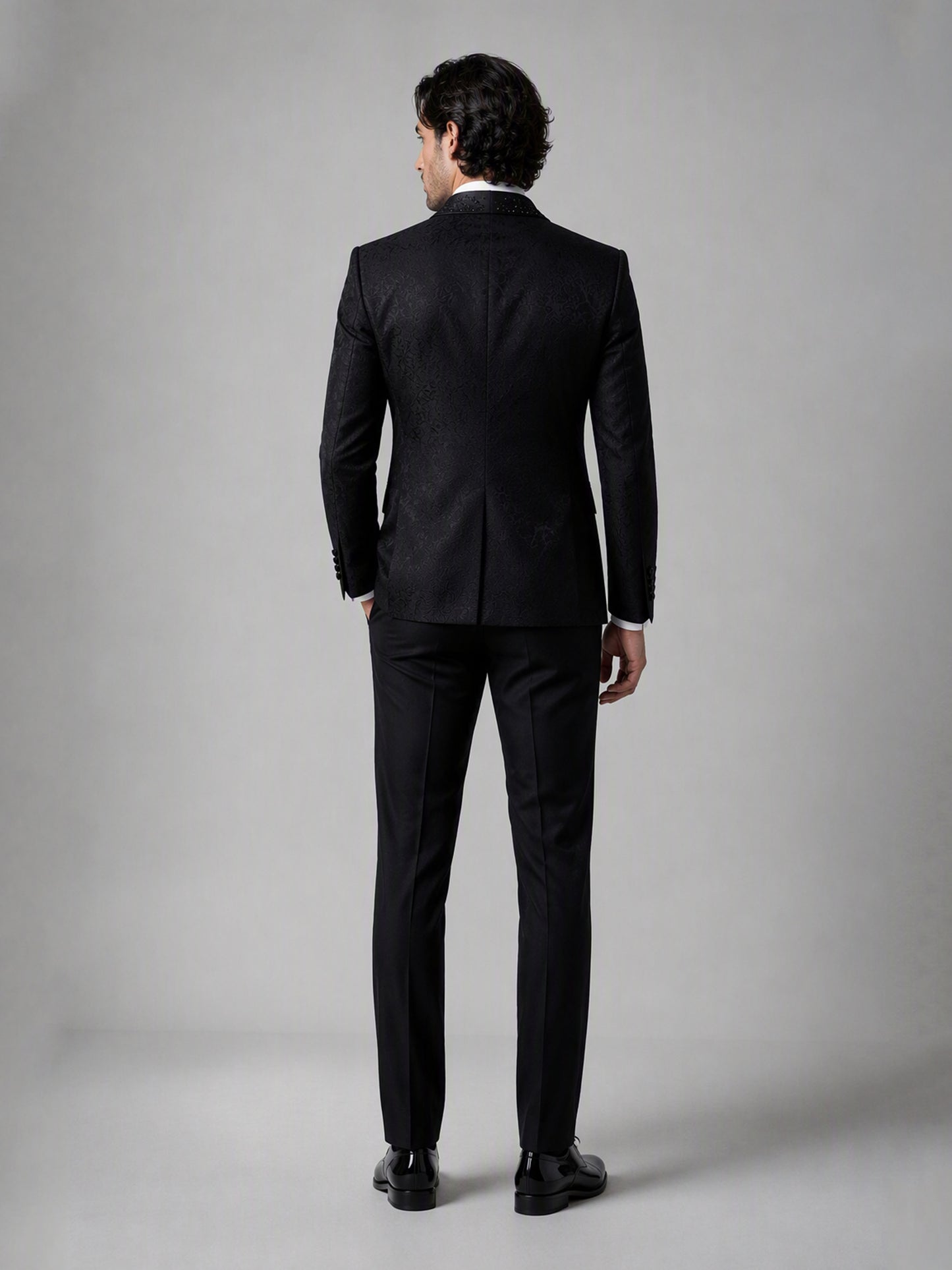 Savile GA0138 black jacquard tuxedo suit set - rear full-length view showing back construction and slim trouser cut