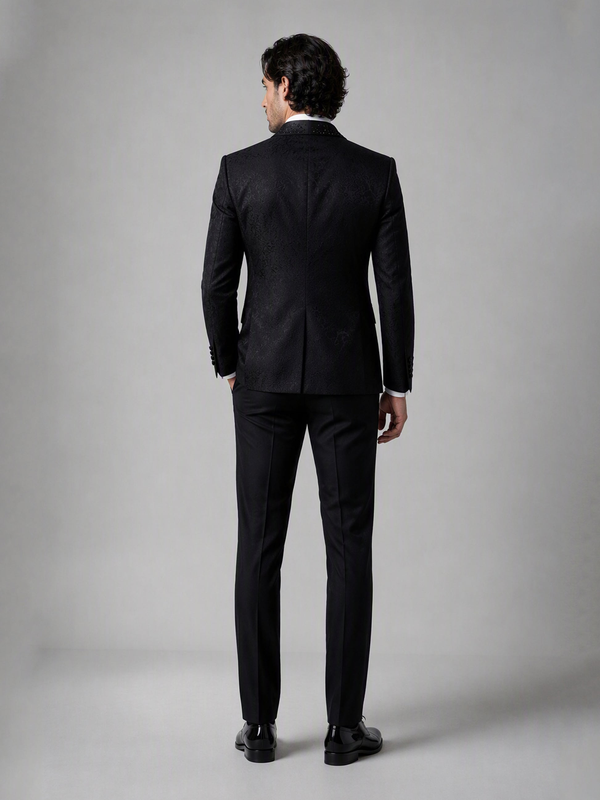 Savile GA0138 black jacquard tuxedo suit set - rear full-length view showing back construction and slim trouser cut