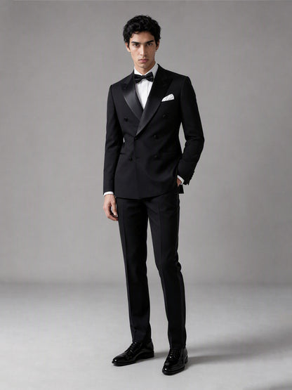 Savile GA0139 black double-breasted tuxedo suit - full front view showing satin peak lapel, white pocket square and bow tie
