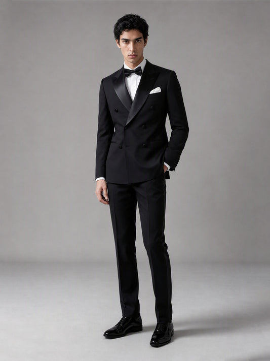 Savile GA0139 black double-breasted tuxedo suit - full front view showing satin peak lapel, white pocket square and bow tie