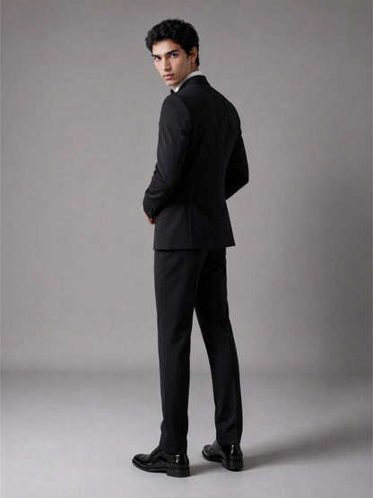 Savile GA0139 black double-breasted tuxedo suit set - rear three-quarter view showing clean back construction and slim trouser cut