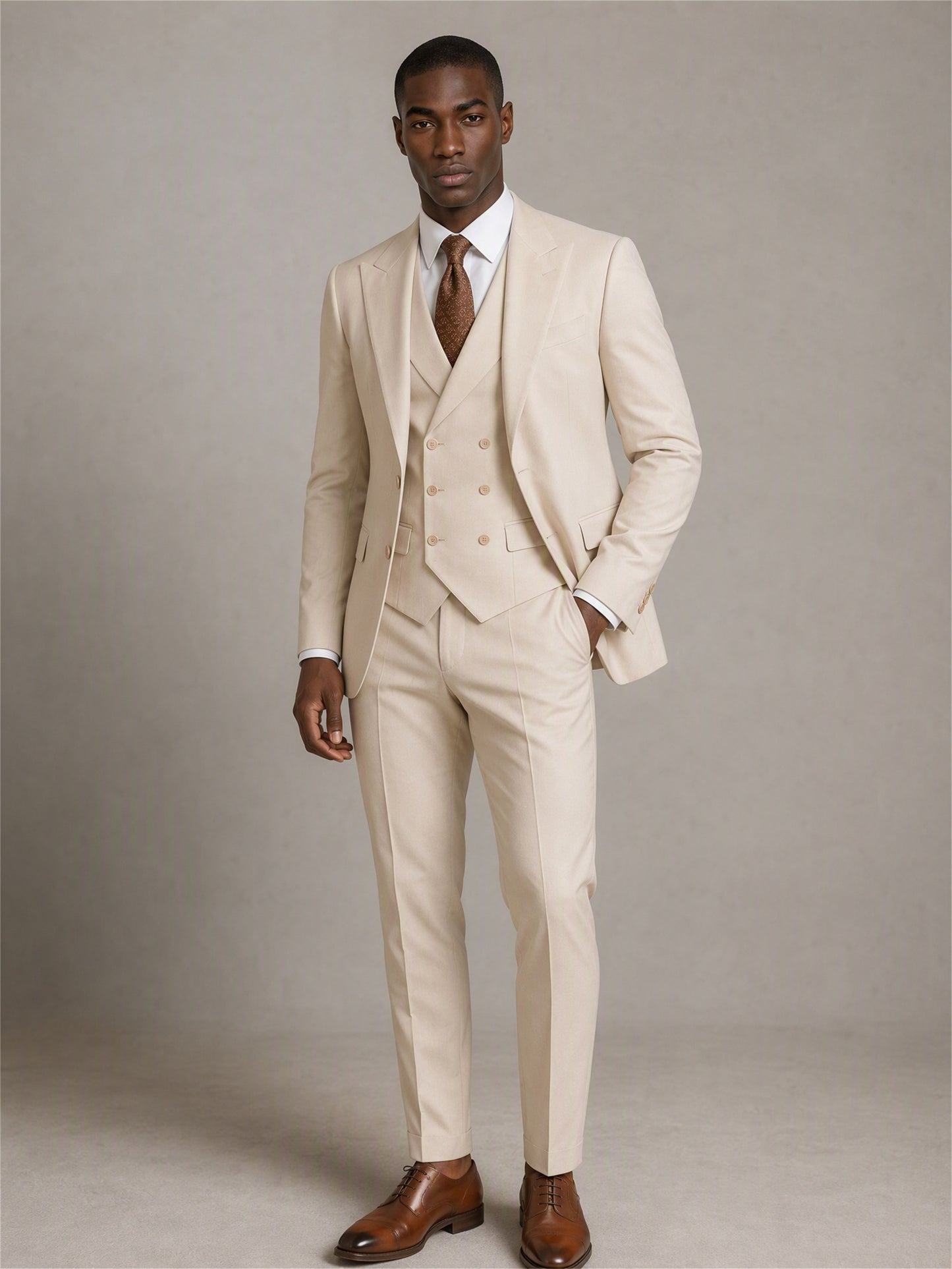 Savile GA0140 beige suit - three-quarter front view showing peak lapel, double-breasted vest layering and slim trouser fit