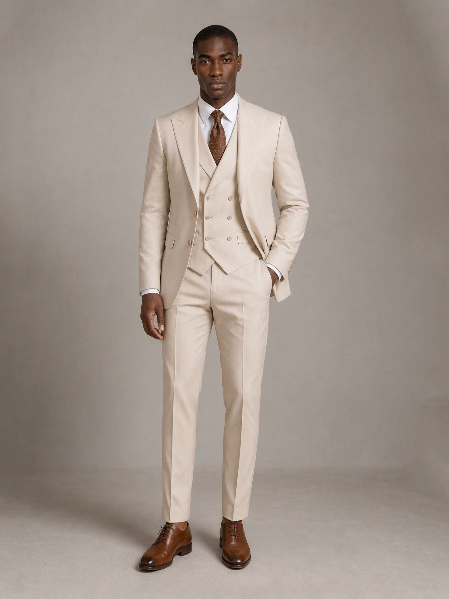Savile GA0140 beige suit set - full-length front view showing complete tonal beige 4-piece silhouette with tan Oxford shoes