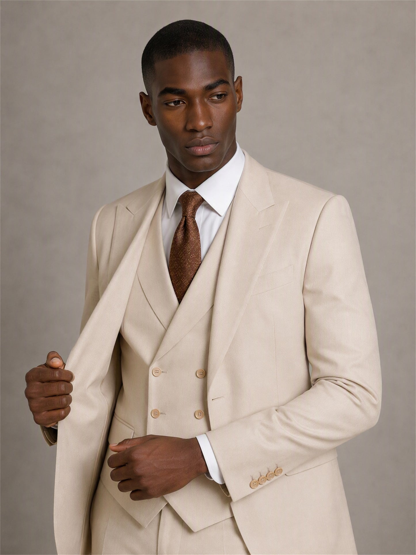 Savile GA0140 beige suit set - rear three-quarter walking view showing clean back construction and slim trouser cut