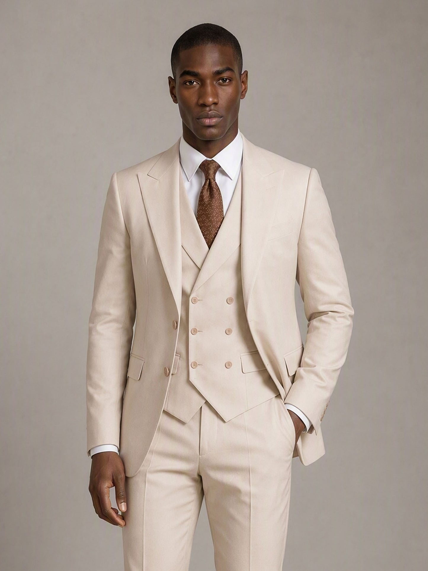 Savile GA0140 beige suit - upper body close-up showing sharp peak lapel, double-breasted vest buttons and brown silk tie detail