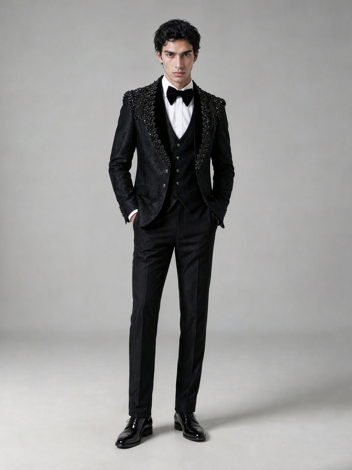 Savile GA0141 black jacquard tuxedo suit - full-length front view showing vest layering, slim trouser fit and patent Oxford shoes