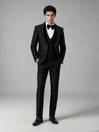 Savile GA0141 black jacquard tuxedo suit - full-length front view showing vest layering, slim trouser fit and patent Oxford shoes