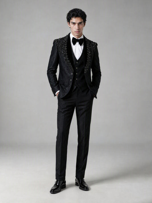 Savile GA0141 black jacquard tuxedo suit - full-length front view showing vest layering, slim trouser fit and patent Oxford shoes
