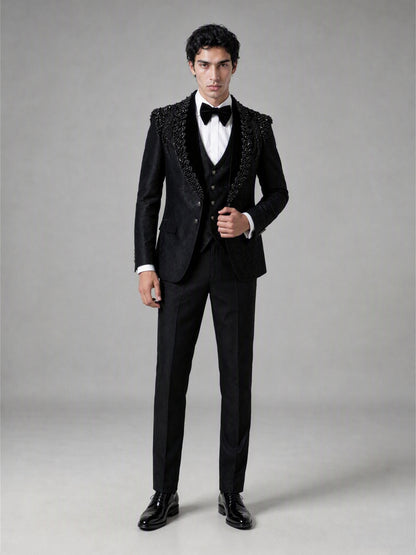 Savile GA0141 black crystal shoulder tuxedo suit - full front view showing complete 3-piece silhouette with bow tie and patent Oxford shoes