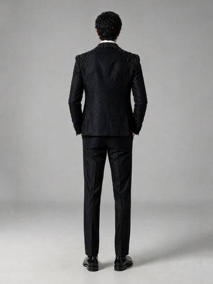 Savile GA0141 black tuxedo suit - three-quarter front view showing crystal shoulder detail, single-breasted vest and slim tailored fit