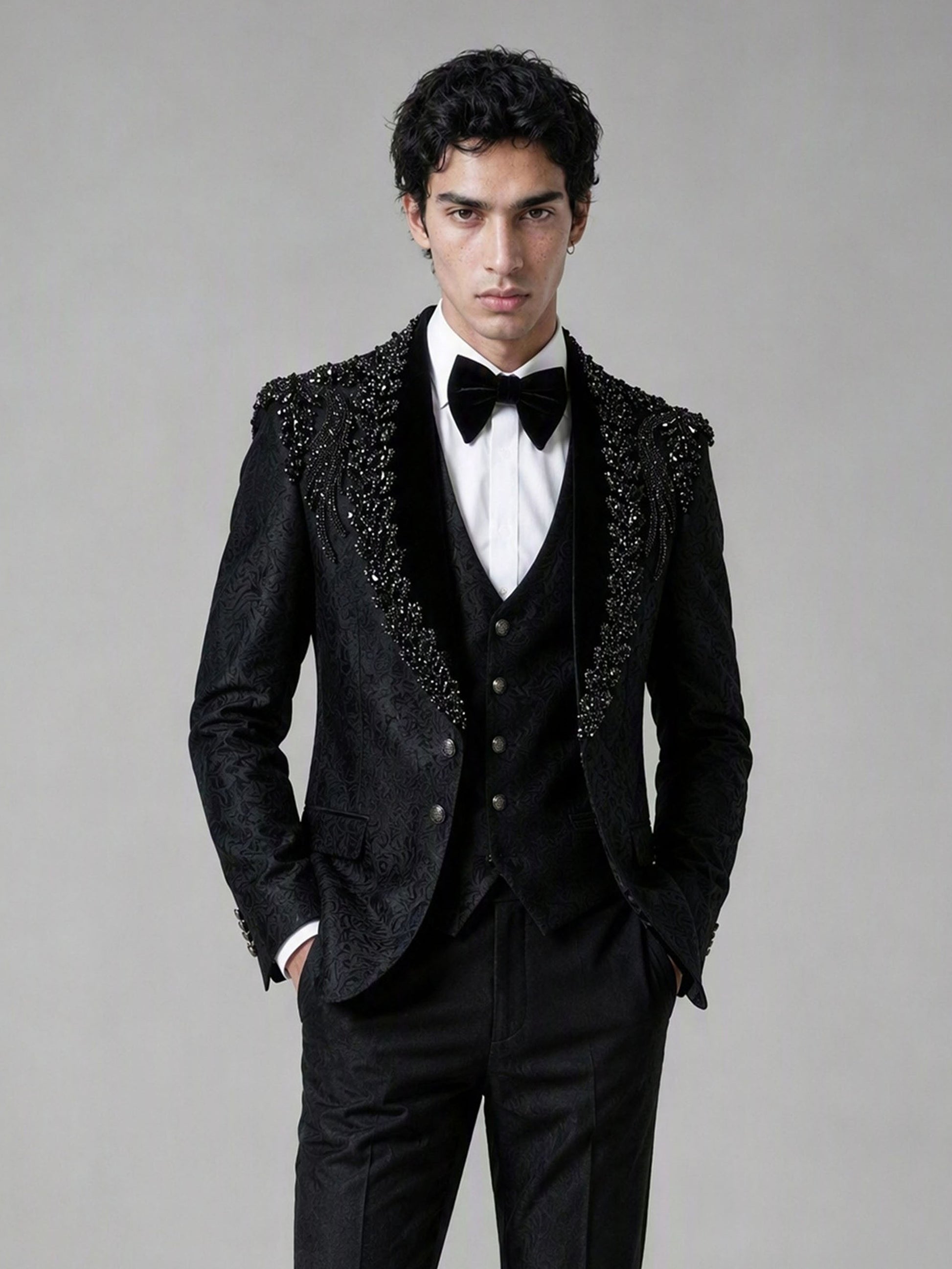 Savile GA0141 black jacquard tuxedo suit set - rear full-length view showing crystal shoulder embellishment from behind, back construction and slim trouser cut
