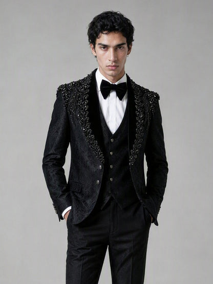 Savile GA0141 black jacquard tuxedo suit set - rear full-length view showing crystal shoulder embellishment from behind, back construction and slim trouser cut