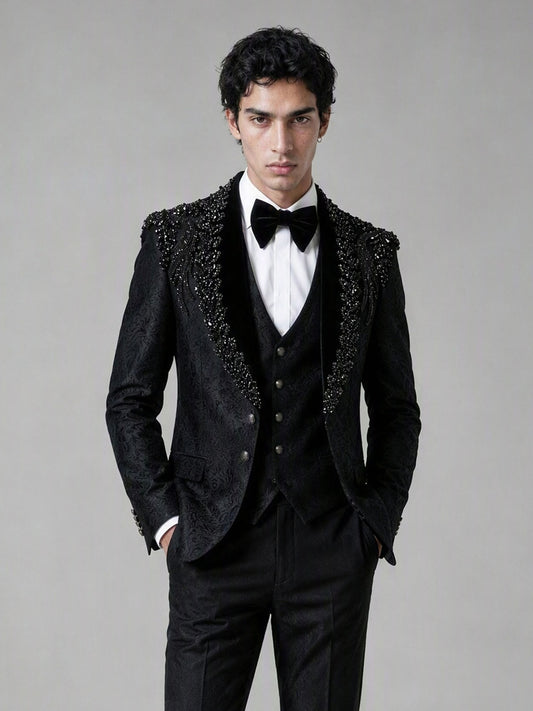 Savile GA0141 black jacquard tuxedo suit set - rear full-length view showing crystal shoulder embellishment from behind, back construction and slim trouser cut