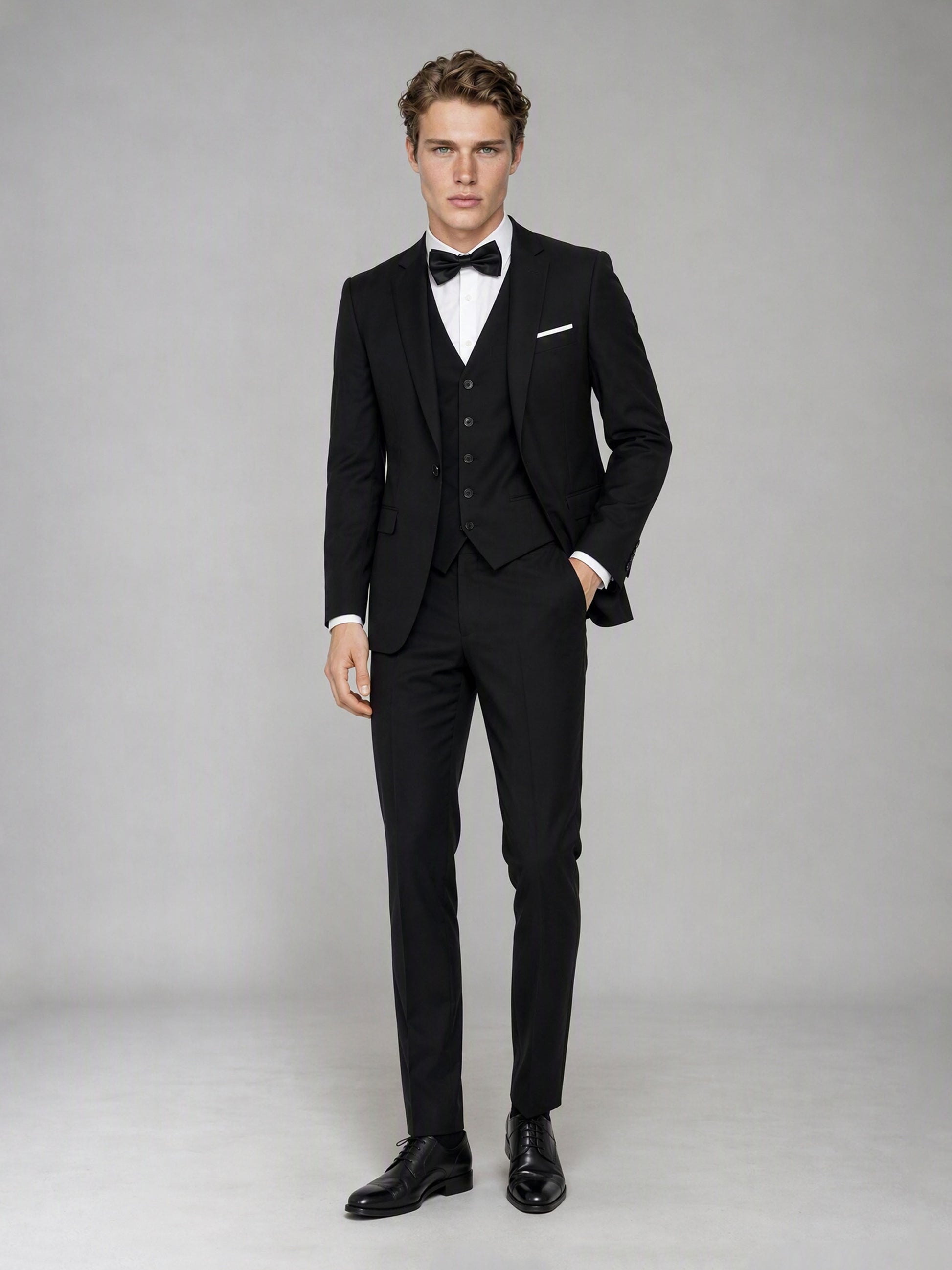 Savile GA0142 black suit - three-quarter side view showing peak lapel, single-breasted vest and French cuff detail