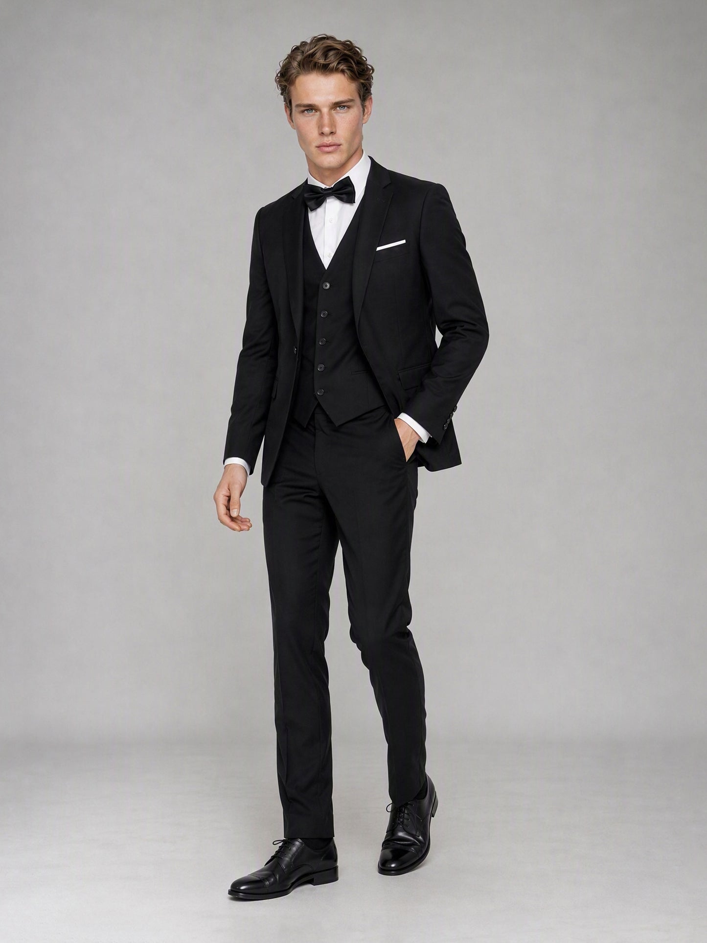 Savile GA0142 black 4-piece suit - full-length front view showing complete silhouette with vest layering and black Oxford shoes