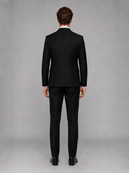 Savile GA0142 black suit set - relaxed full-length front view showing slim tailored fit and vest layering with black Oxford shoes