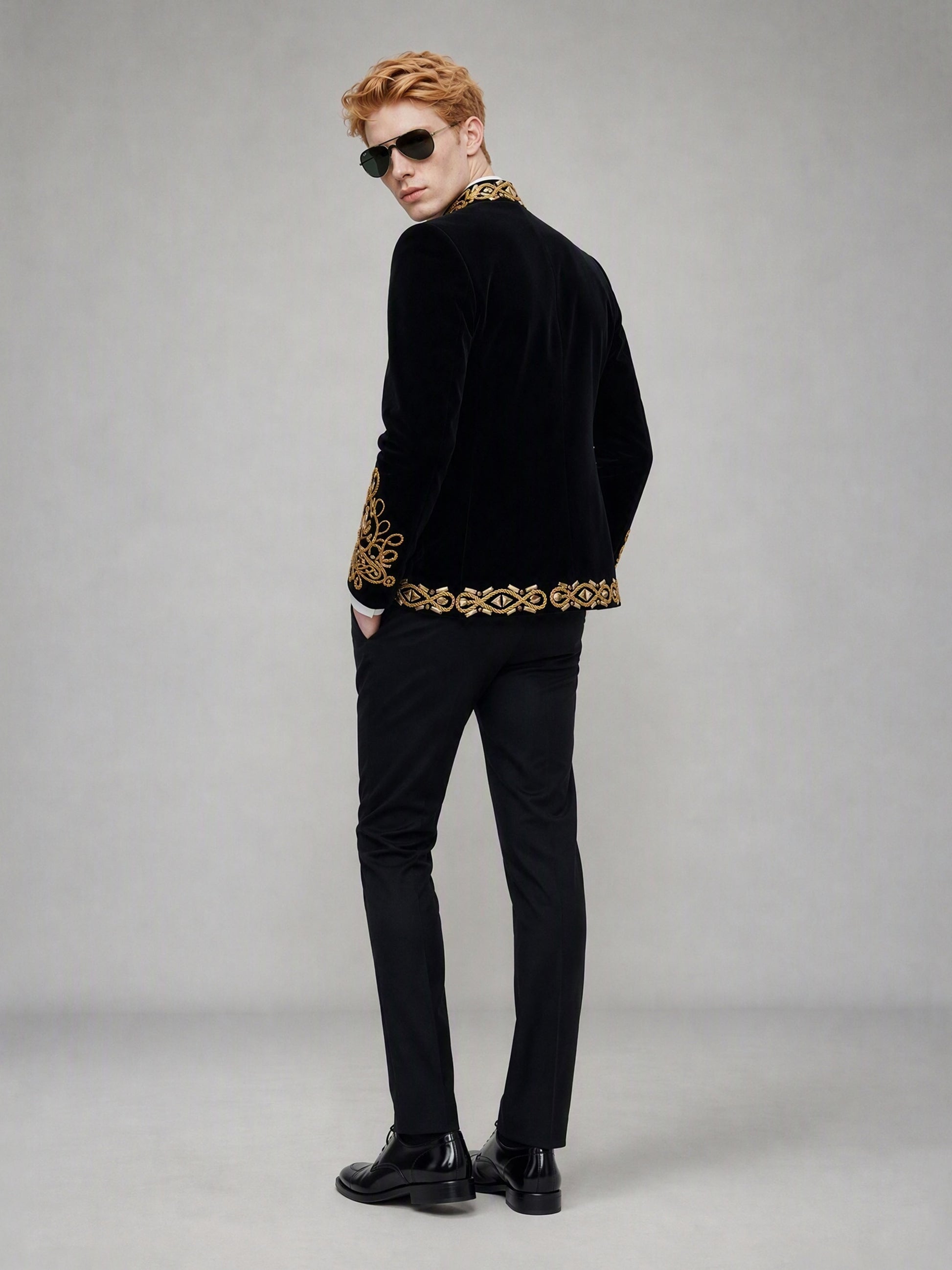 Savile GA0143 black velvet military suit - full-length front view showing complete gold embroidery coverage with white ruffled shirt and patent Oxford shoes