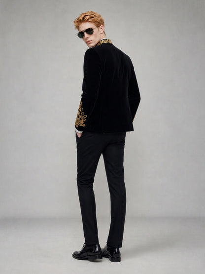 Men's Black Velvet Gold Embroidered Military Stand Collar Suit Set (Jacket + Trousers)