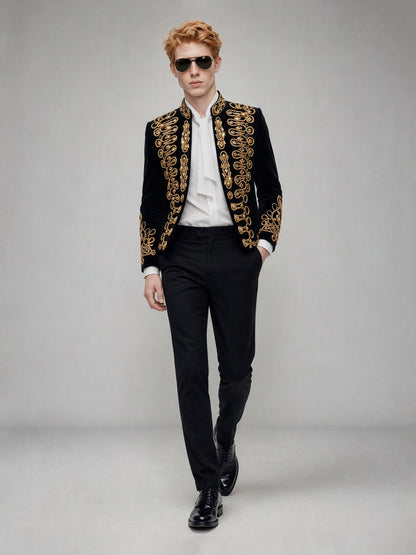 Savile GA0143 black velvet gold embroidered suit - dynamic walking pose showing full silhouette and embroidery detail with patent Oxford shoes