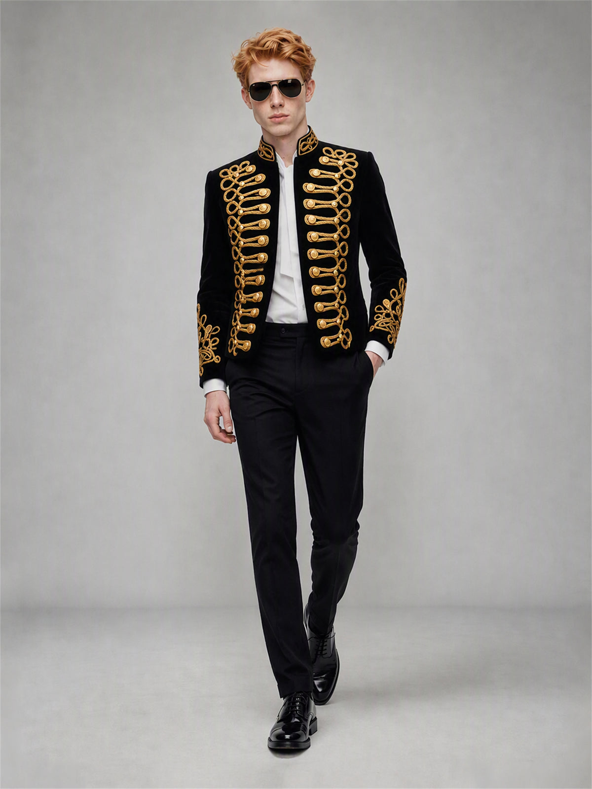 Men's Black Velvet Gold Embroidered Military Stand Collar Suit Set (Jacket + Trousers)