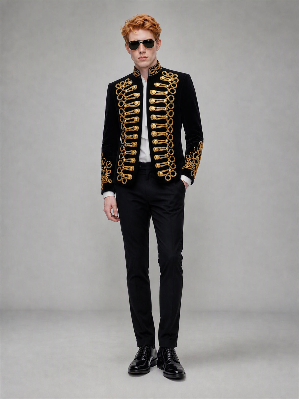 Men's Black Velvet Gold Embroidered Military Stand Collar Suit Set (Jacket + Trousers)