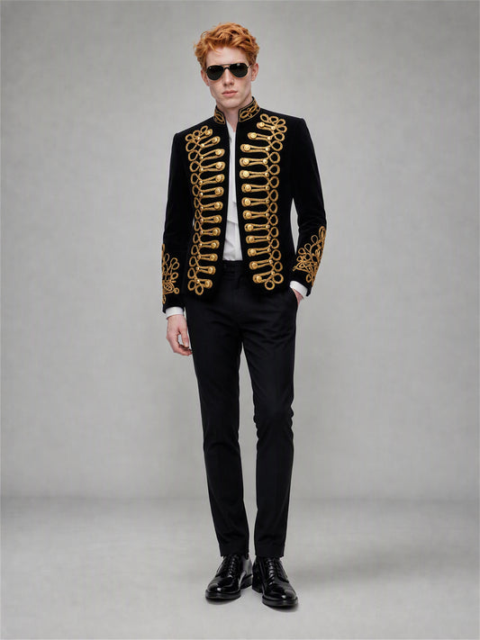 Men's Black Velvet Gold Embroidered Military Stand Collar Suit Set (Jacket + Trousers)