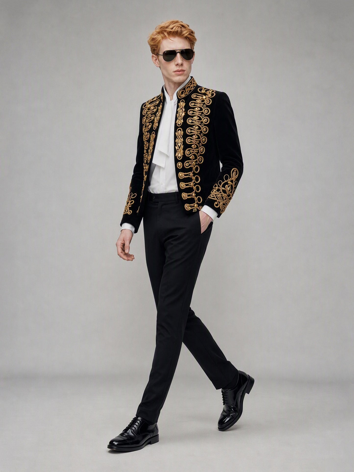 Savile GA0143 black velvet gold embroidered military suit set - rear three-quarter view showing gold embroidery on back hem and cuffs, back construction and slim trouser cut