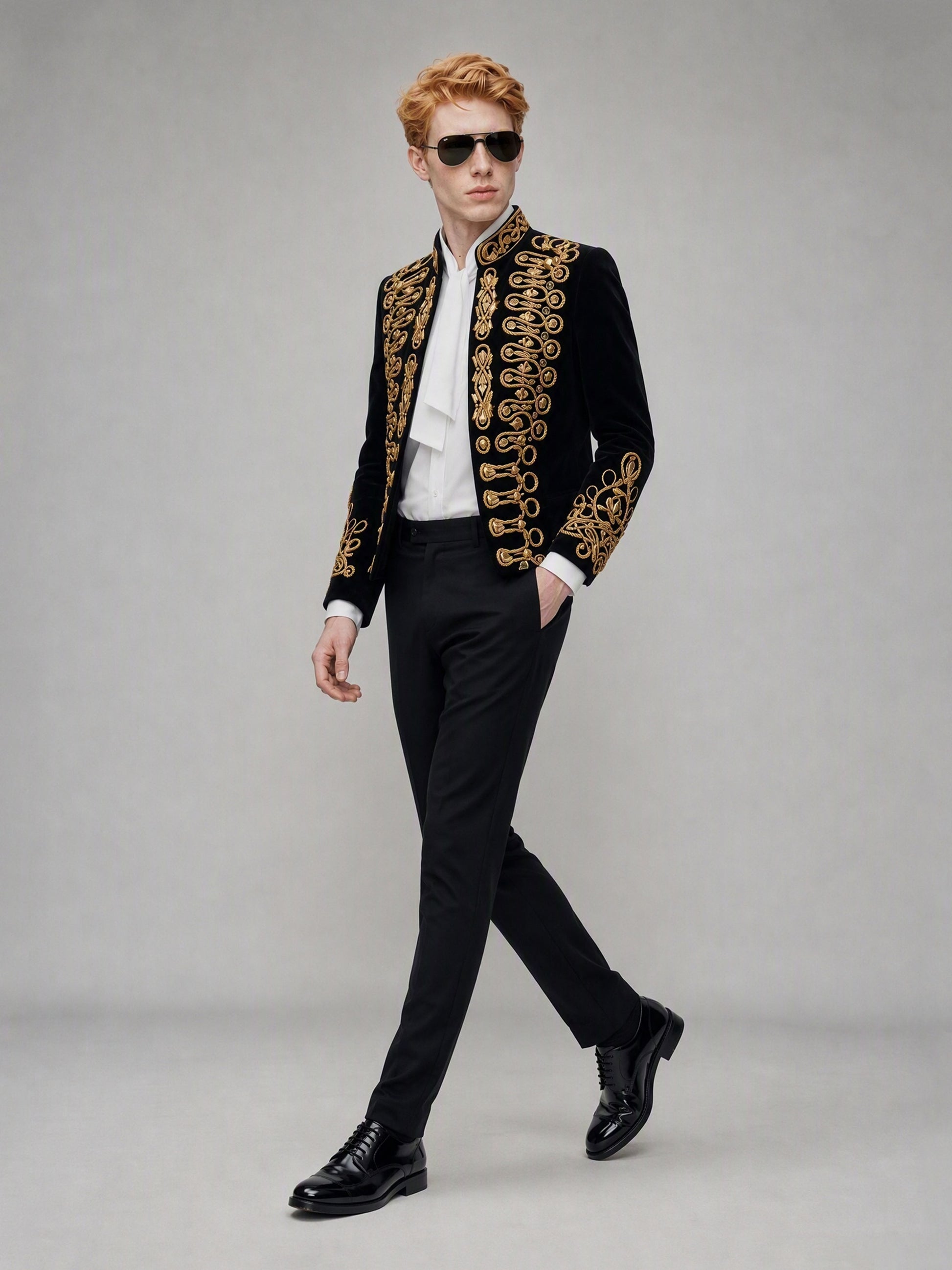 Savile GA0143 black velvet gold embroidered military suit set - rear three-quarter view showing gold embroidery on back hem and cuffs, back construction and slim trouser cut