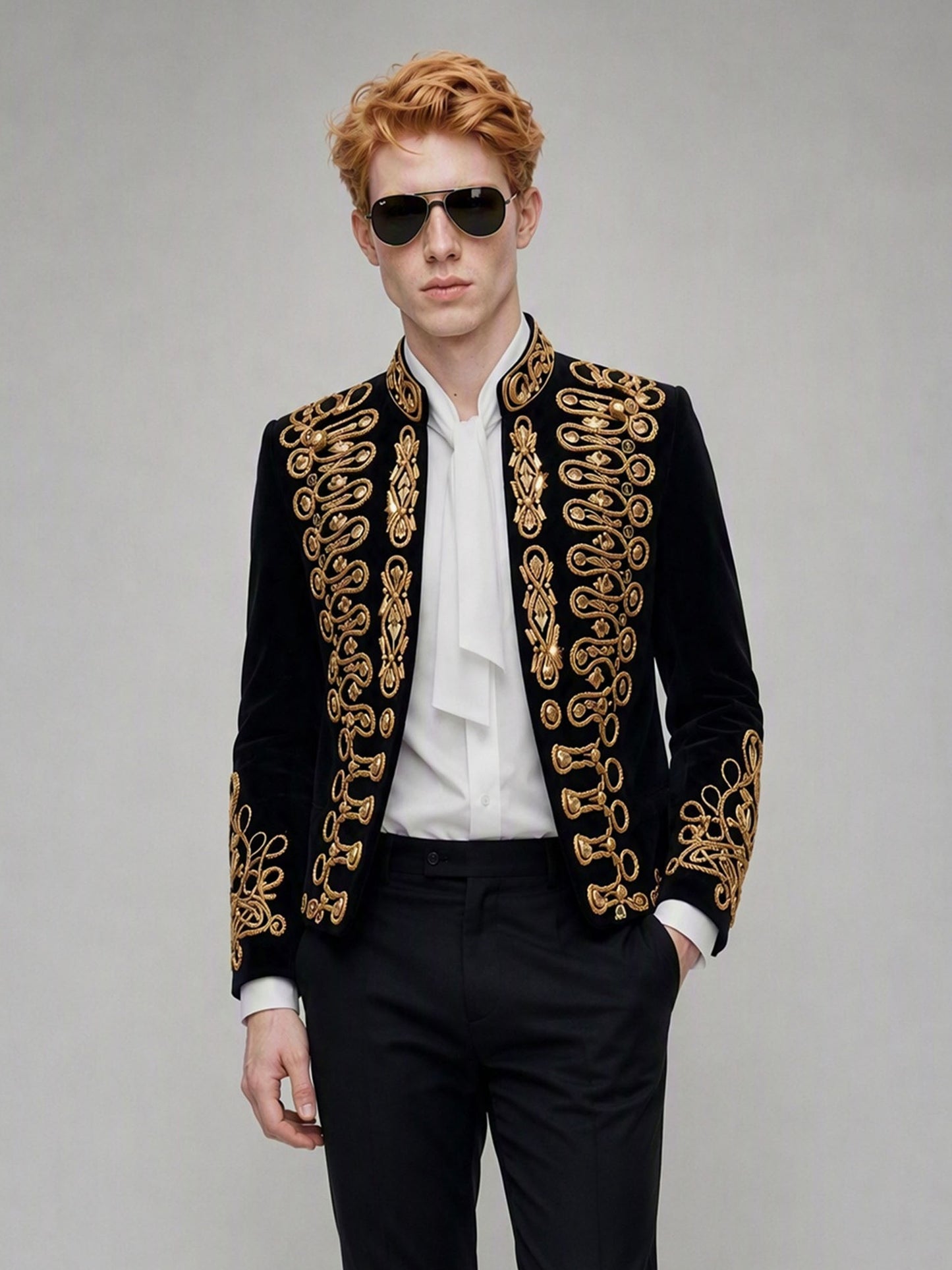 Savile GA0143 black velvet gold embroidered military suit - upper body close-up showing full gold bullion cord baroque scroll embroidery on front panels and stand collar