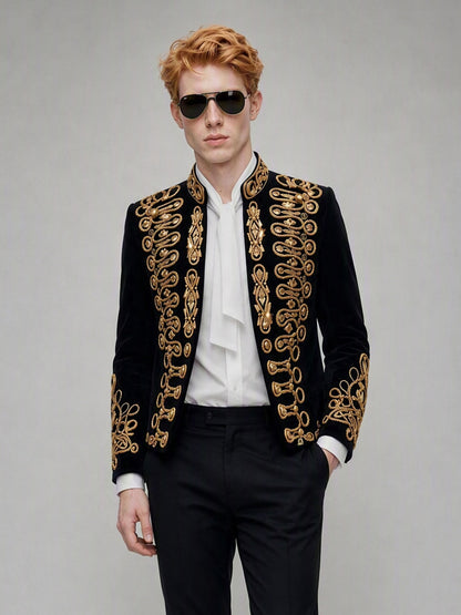 Savile GA0143 black velvet gold embroidered military suit - upper body close-up showing full gold bullion cord baroque scroll embroidery on front panels and stand collar