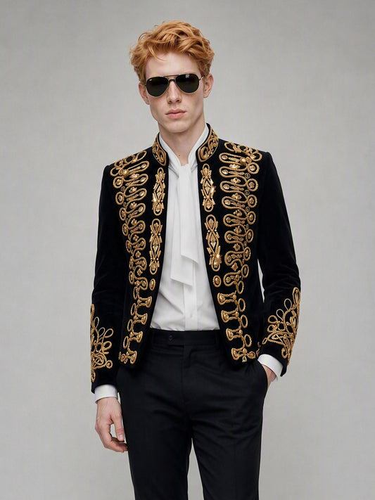 Savile GA0143 black velvet gold embroidered military suit - upper body close-up showing full gold bullion cord baroque scroll embroidery on front panels and stand collar