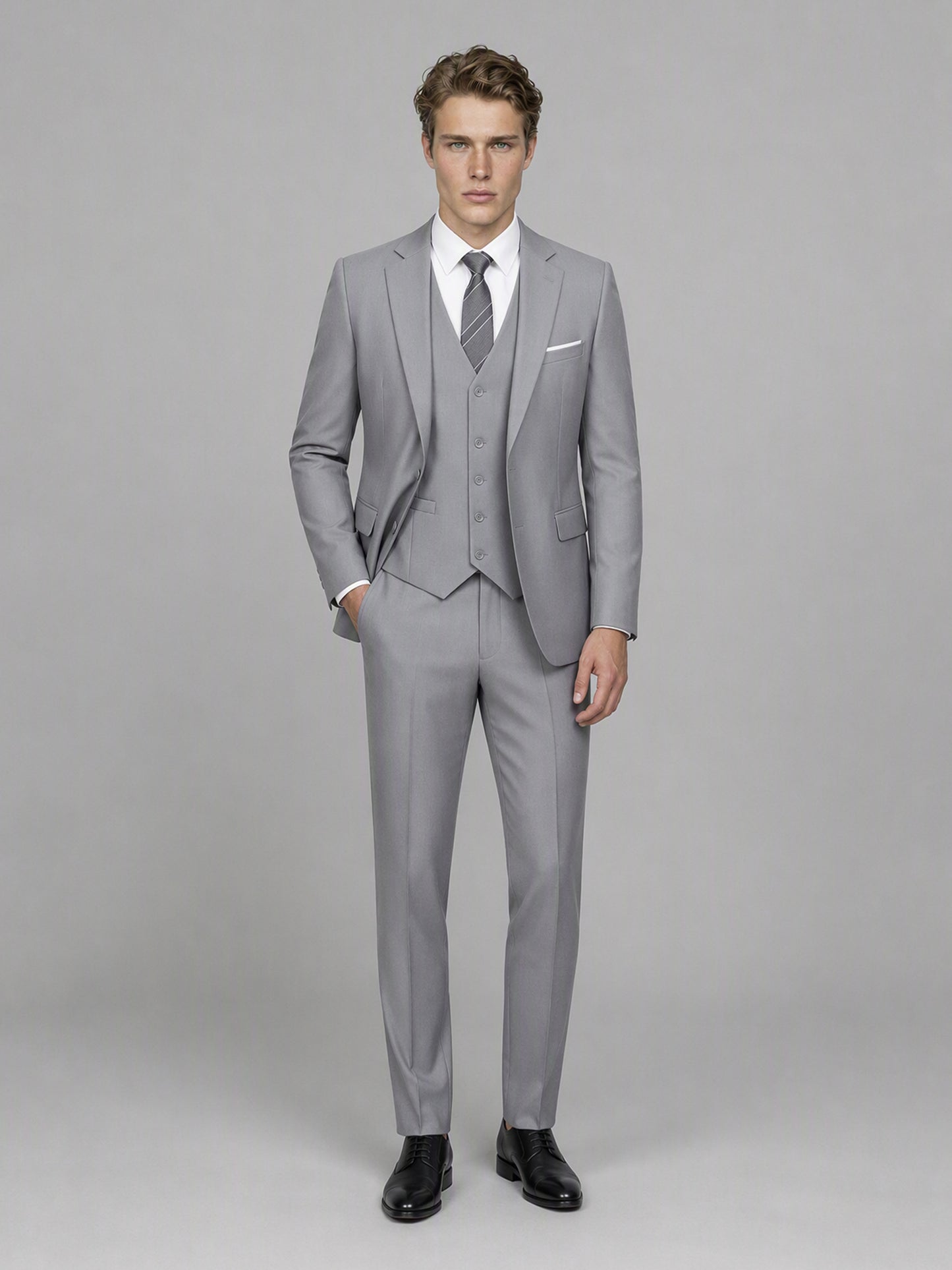 Savile GA0145 Men's Light Grey 3-Piece Suit Set – Side Profile View
