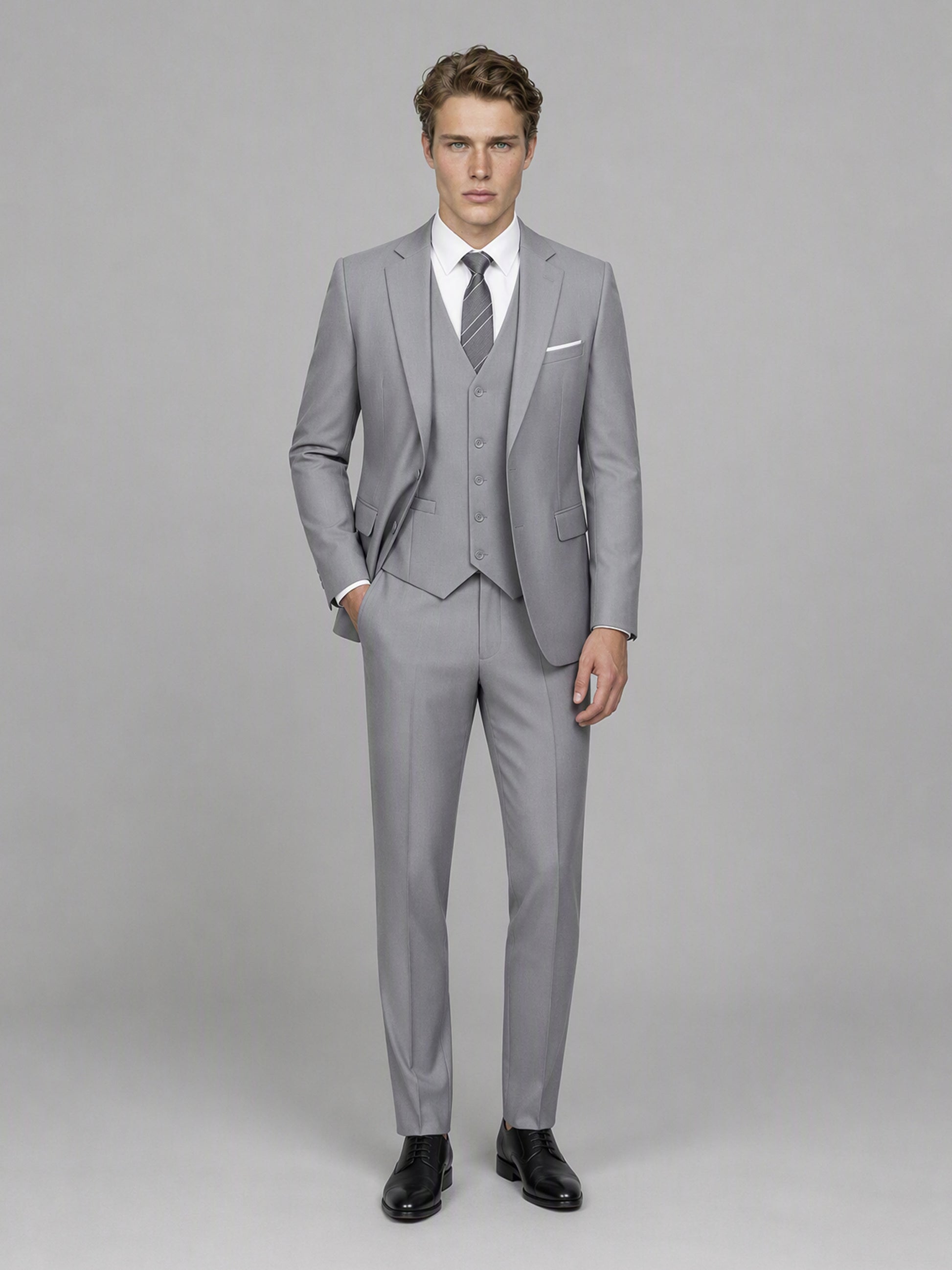Savile GA0145 Men's Light Grey 3-Piece Suit Set – Side Profile View