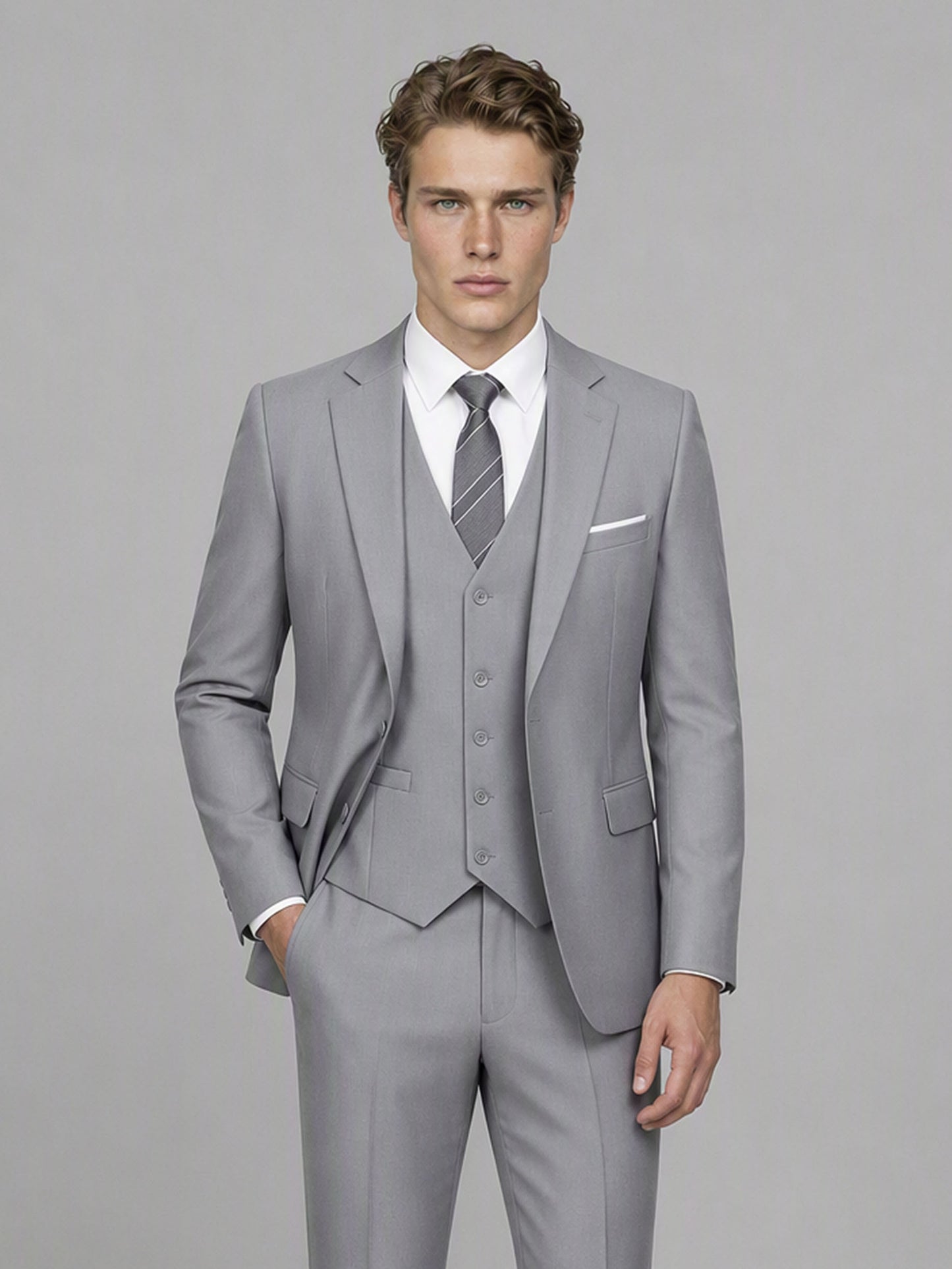Savile GA0145 Men's Light Grey 3-Piece Suit Set – Full Body Front View 2