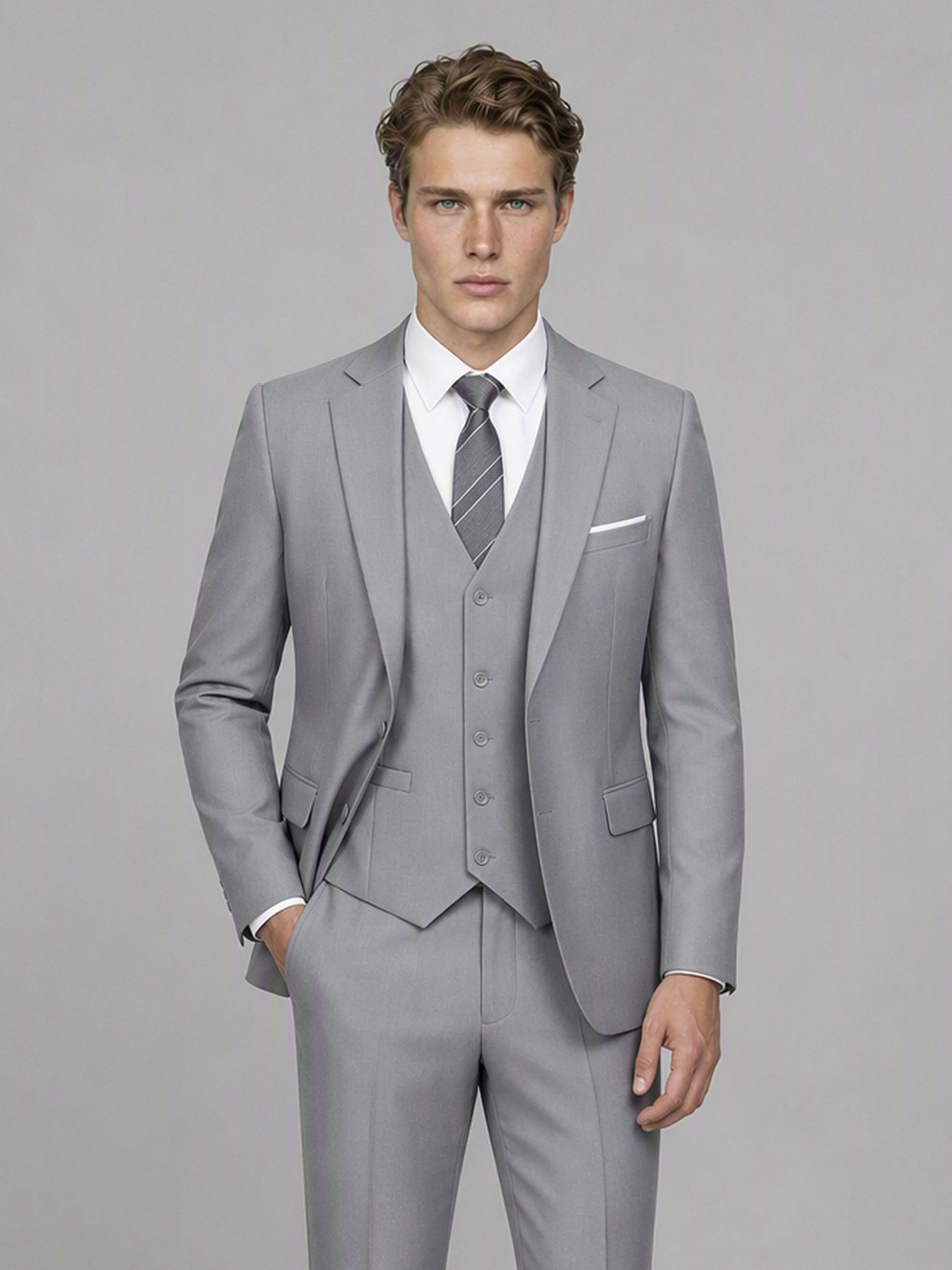 Savile GA0145 Men's Light Grey 3-Piece Suit Set – Full Body Front View 2